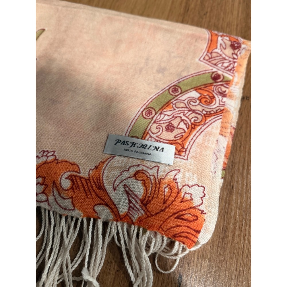 Vintage Pashmina Floral Medallion Scarf Orange Peach Sage Green Fringe Shawl - Picture 2 of 5